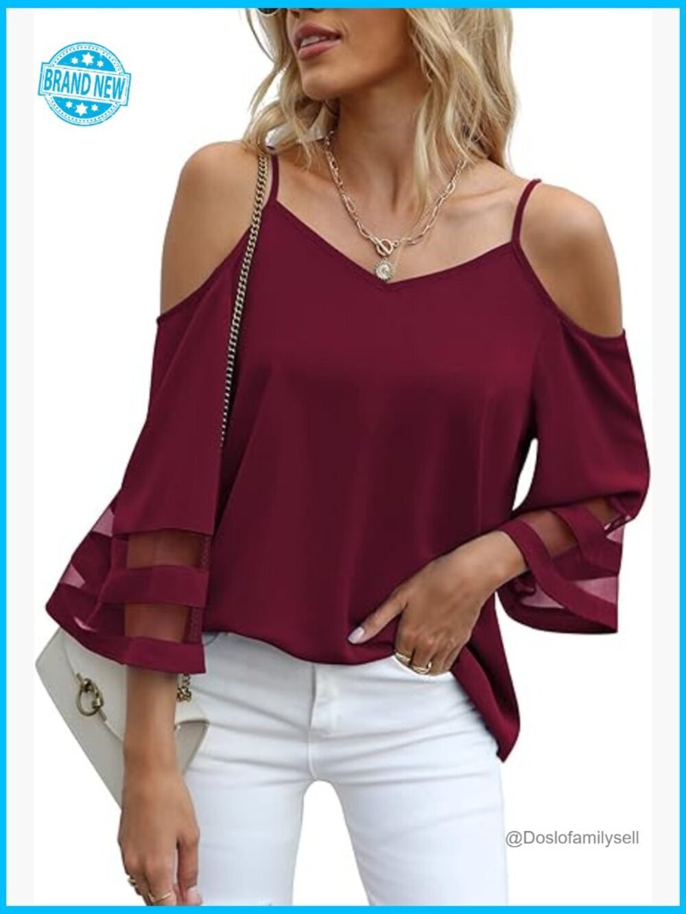 Cold Shoulder Bell Sleeve Tunic Summer Mesh Adjustable Strap Loose Fit Tops